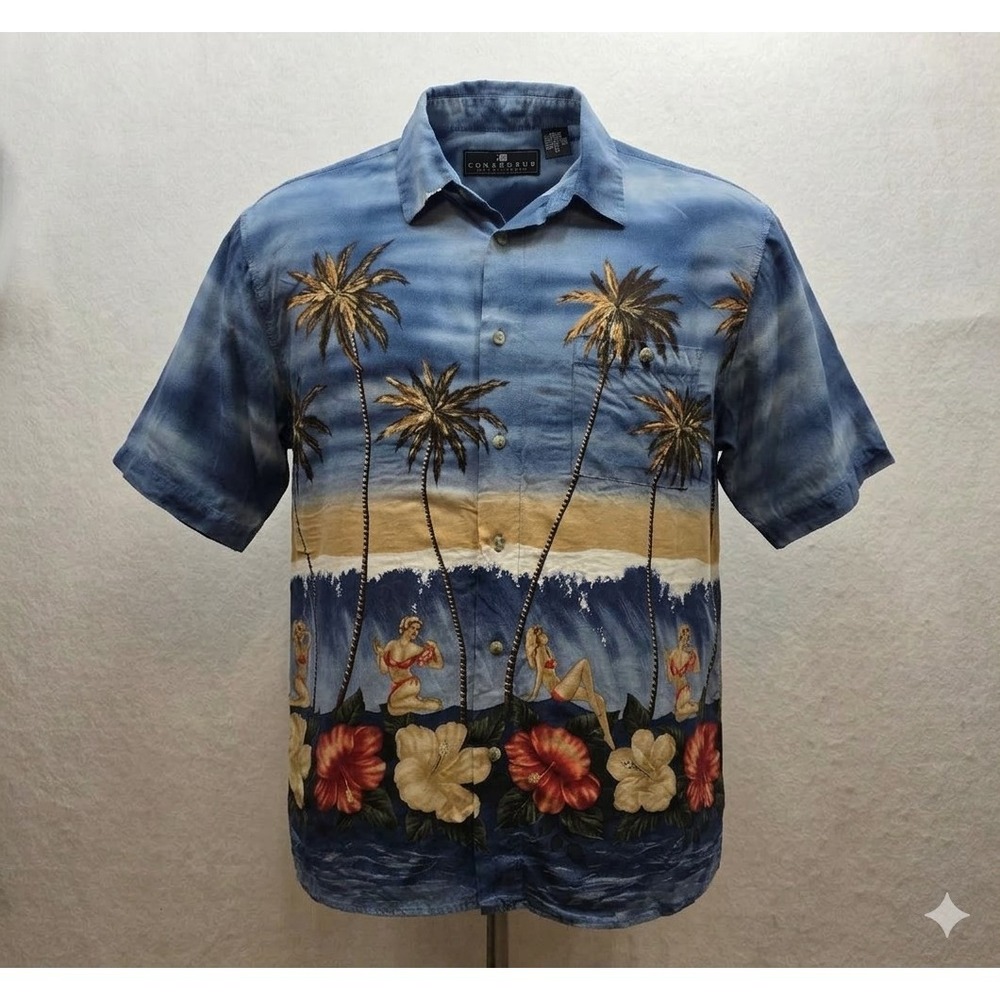 Consensus Sportswear Men's Pin Up Girl Tropical Print Hawaiian Shirt. Size M